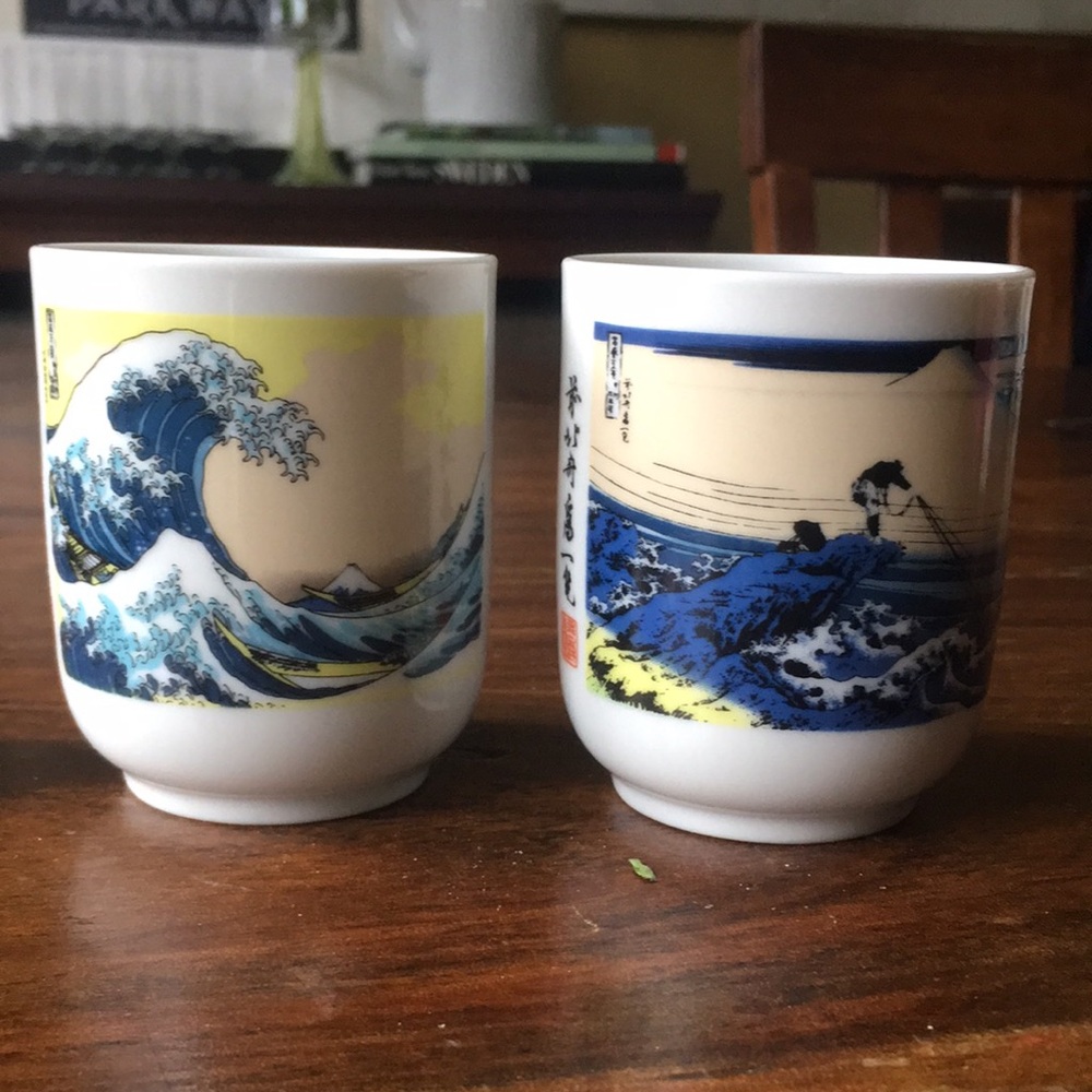 Hokusai WAVE (set of 2) Japanese Teacups Woodblock Print Views of Mount Fuji Art